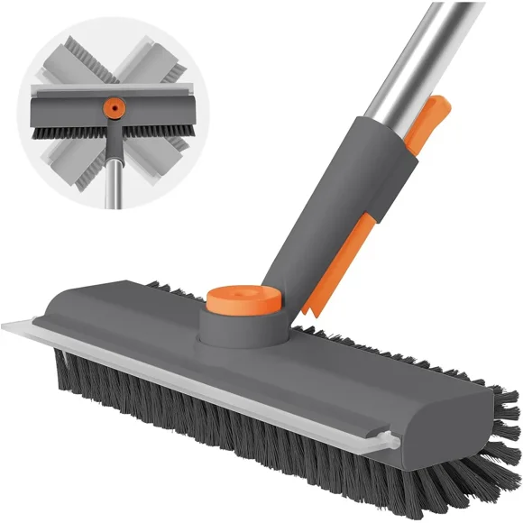 3-in-1 Floor Scrub Brush with Long Handle - Heavy-Duty Stiff Bristle for Bathtub, Shower, Bathroom, Kitchen, Patio, Garage & Deck Cleaning - Great Christmas Gift