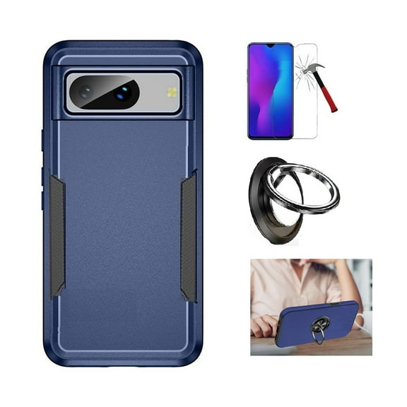 For Google Pixel 8 Case, Dual Layer Hard Cover Case   Ring/ Tempered Glass (Blue)
