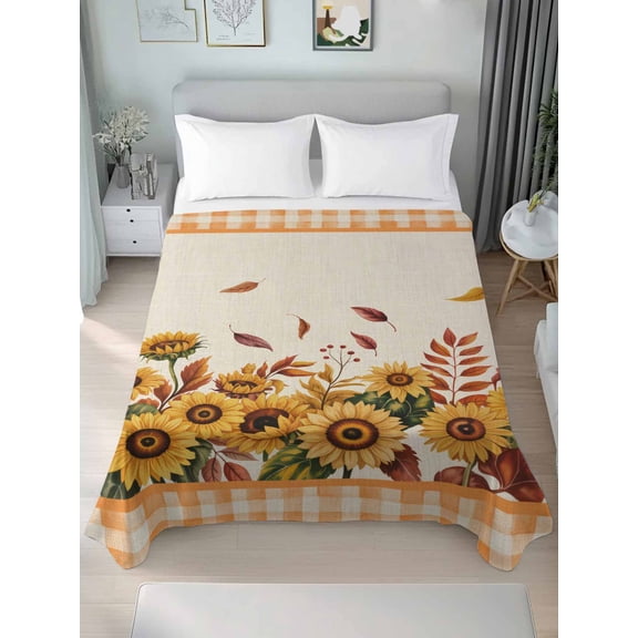 Queen Flat Sheet Only Vintage Fall Sunflowers on Linen Soft Microfiber Cooling Bedding Sheets Orange White Plaid Flat Bed Sheet for Hotel,Home Decor