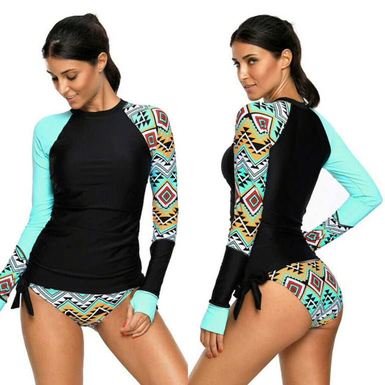 Women Rash Guard Long Sleeve Swimsuits UV UPF 50+ Two Piece Swim Shirt  Bathing Suit with Built in Bra - L US(12-14)
