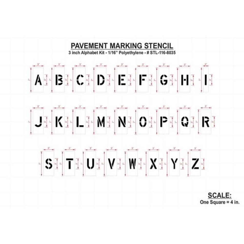 Pavement Stencil, Letter Set, A Thru Z, Blanks, 3 in Character Height, Highway Gothic Font, Clear