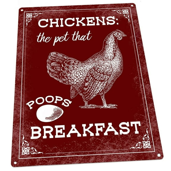 Red Chickens: The Pet That Poops Breakfast 9"x12" Metal Sign, Wall Decor for Farm and Country