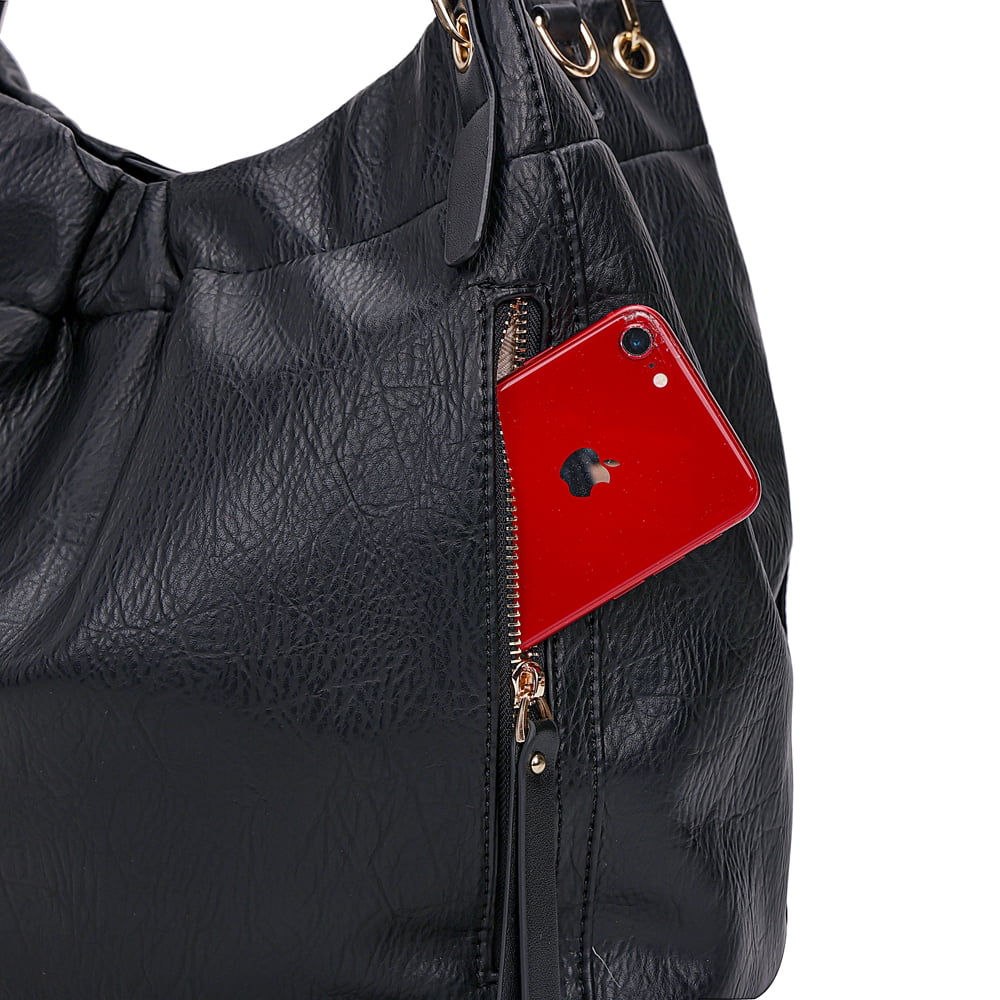 Capamaster Slouchy Hobo Handbag for Women, Soft Faux Leather Shoulder Purse with Top Handles and Front Zipper Pockets, Black
