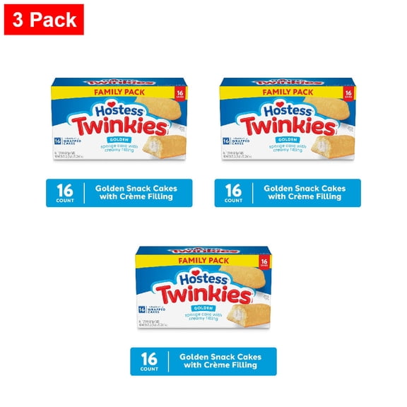 Hostess Twinkies Snack Cakes, Golden Sponge Cake with Crème Filling 16 count - 3 Pack