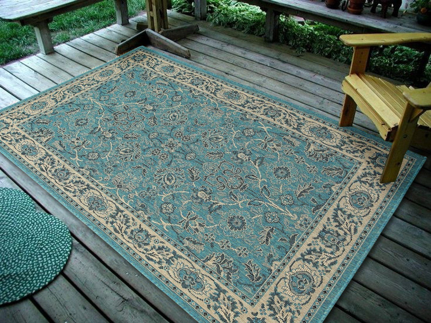 4’5" x7’ (135x215cm) Floral Leaves, Ocean Blue Indoor & Outdoor Area