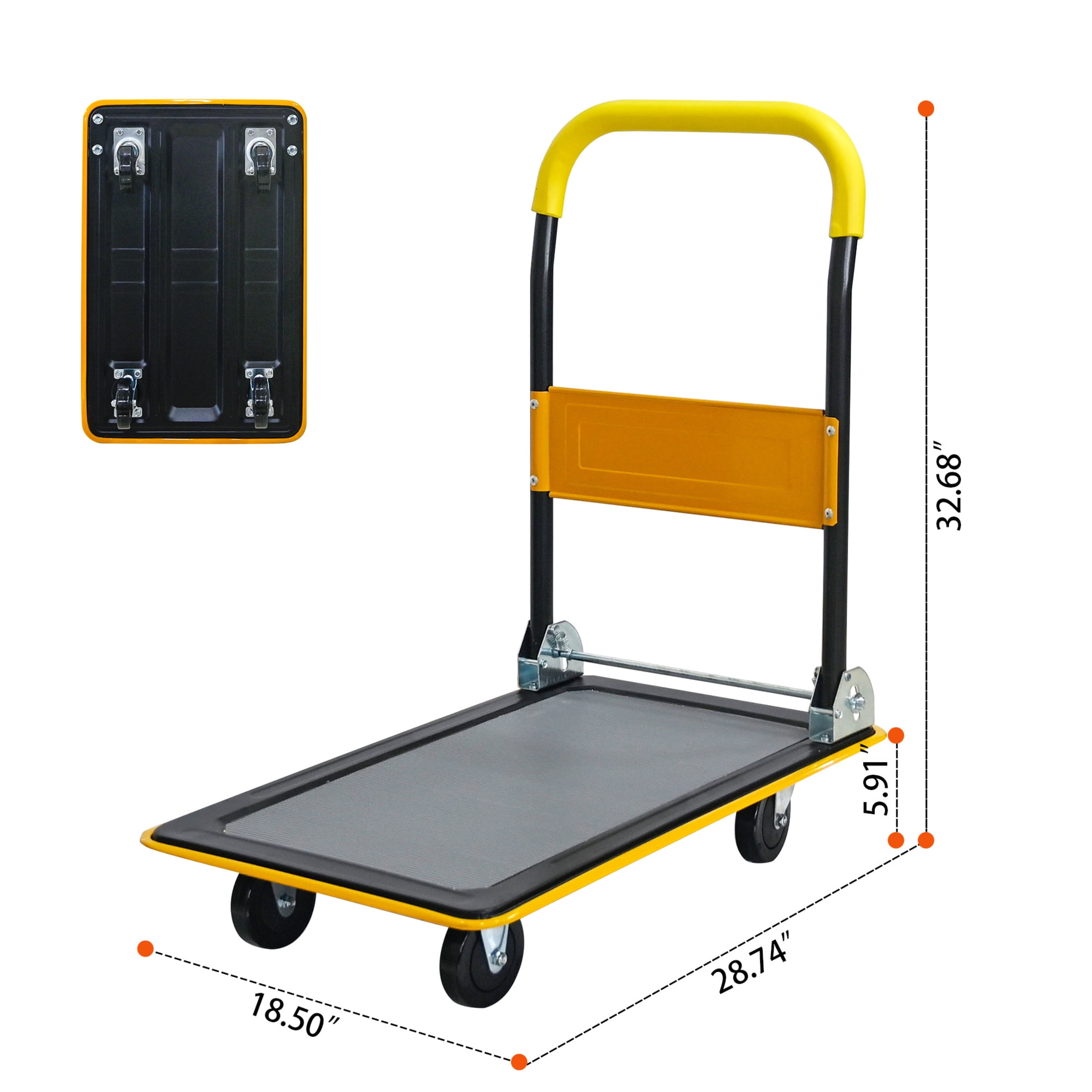 Noble House 28" Flatbed Cart, Heavy Duty Platform Hand Truck with Foldable Push Handle for Loading and Storage, Yellow