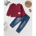 thumbnail image 3 of 2T Baby Boys Clothes 3T Boys Fall Winter Pant Set Toddler Boys Long Sleeve Round Neckline Top Jeans Pants 2PCS Outfits Set Red, 3 of 7