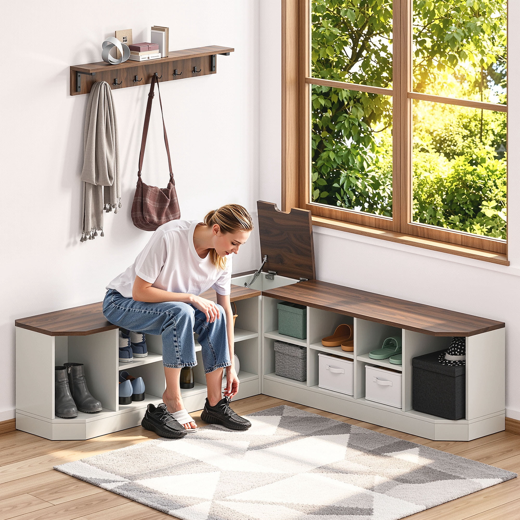 Dextrus Corner Shoe Cabinet with Bench & Hooks, L Shape Shoe Cube with Coat Rack & Hidden Storage, Entryway Shoe Rack, White