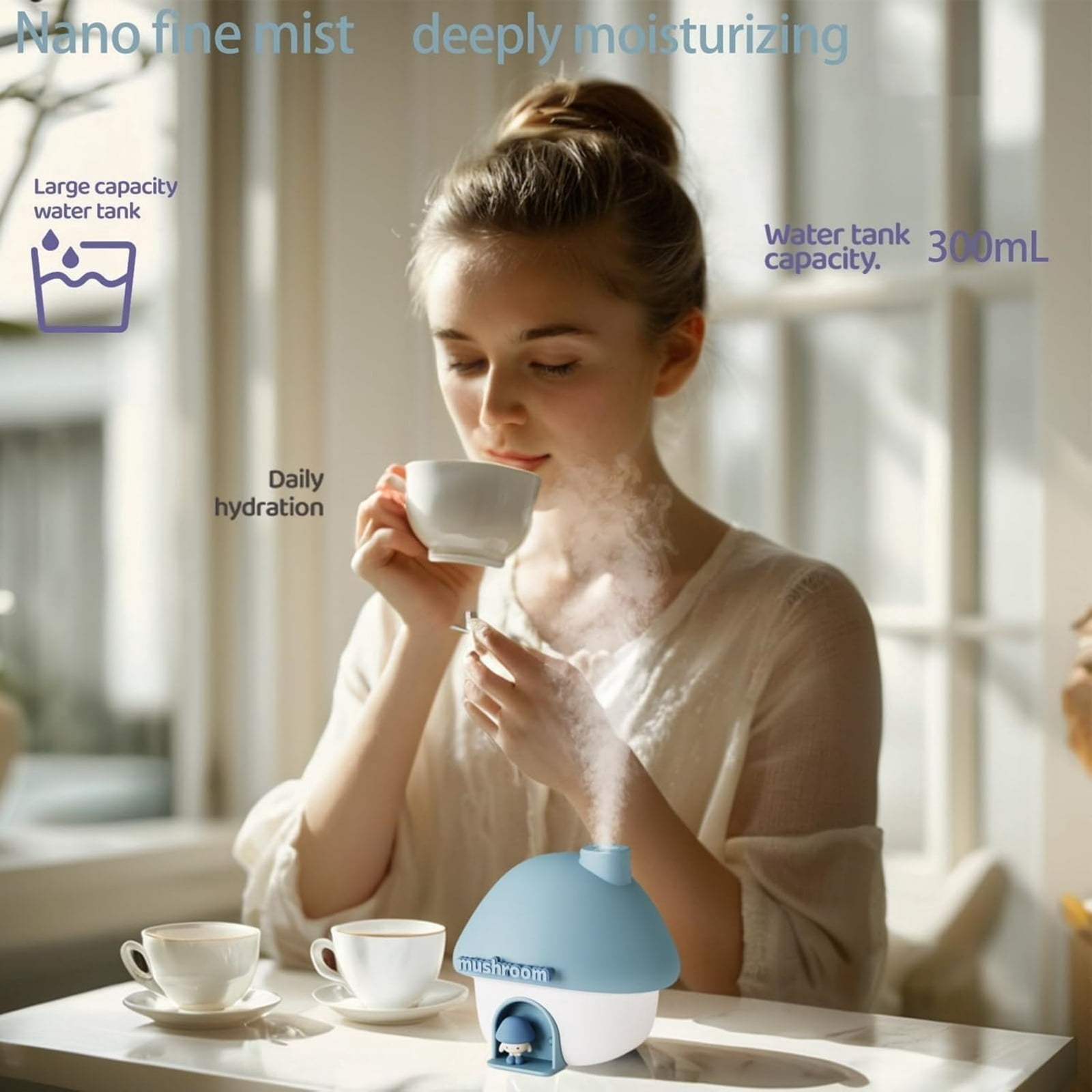 Cute Mushroom House Humidifier, 300ml Small Cool Mist Humidifers, USB Rechargeable Mini Portable Air Humidifer with Night Light for Bedroom, Office, Car, Travel, Indoor Plants Pink