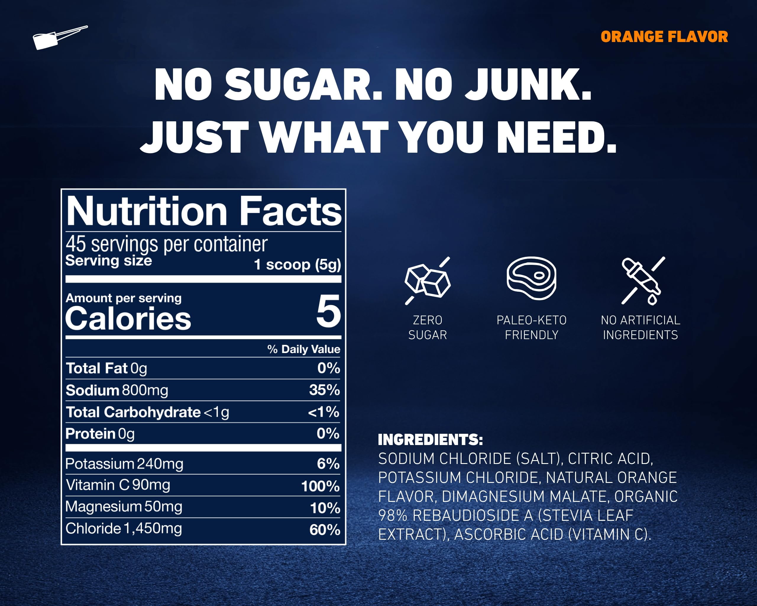 Saltivate Zero Sugar Electrolyte Hydration Drink Mix Orange Flavor 45 Servings