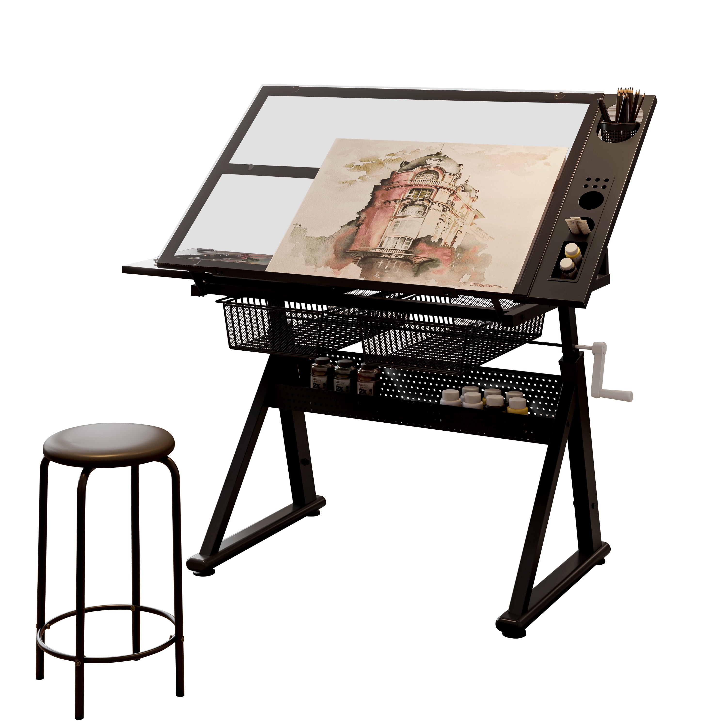 Adjustable Tempered Glass Drafting Table with Hand Crank and Chair, Height-Adjustable Drawing Desk and Art Studio Workstation with Storage, Black