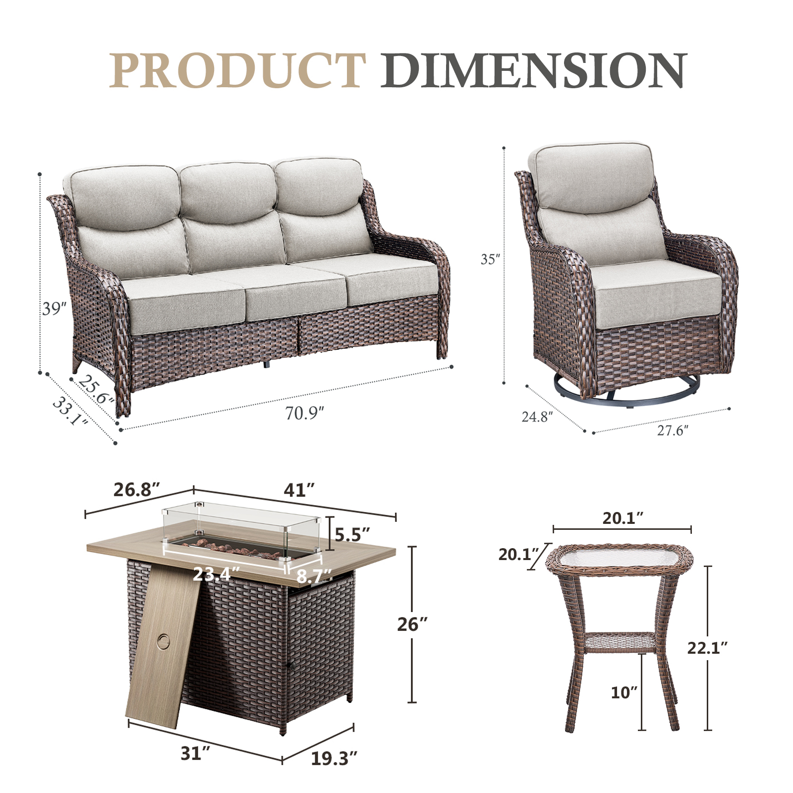POCASSY Patio Furniture Set with 6-inch Extra Thick Cushion, 5 Pieces Outdoor Patio Furniture Set with Firepit Table, Swivel Chairs, and Sofa Couch, Outdoor Conversation Set for Porch Balcony