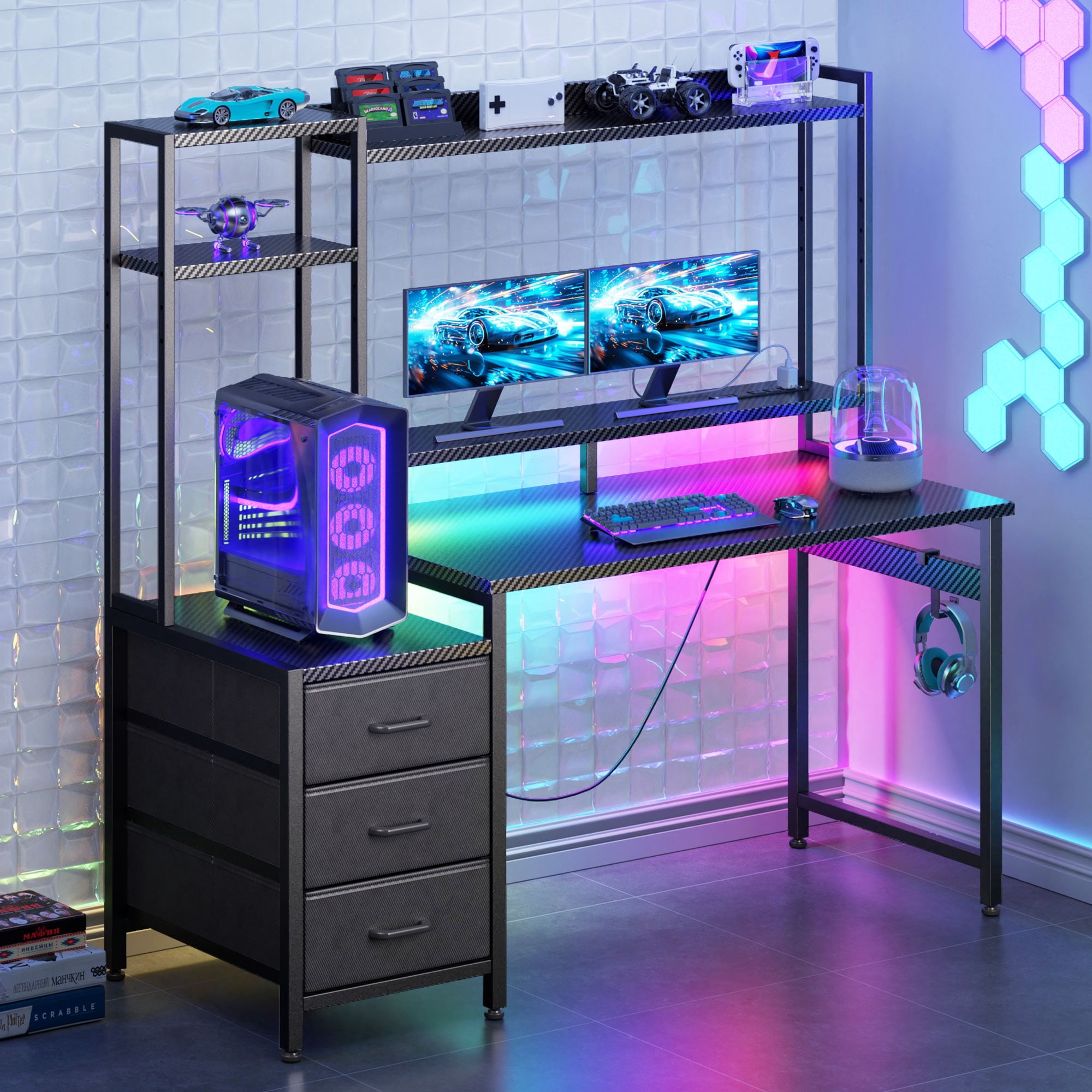 Casacomoda 48 inch Gaming Desk with LED Lights & Power Outlets, Home Office Desk with Reversible Storage Drawers & Monitor Shelves, Gaming Table for Small Space, Carbon Fiber  Black