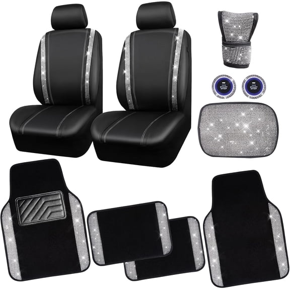 Rhinestone Bling Diamond Car Seat Covers Leather Shining Car Floor Mats Carpet Waterproof Anti-Slip Nibs Car Accessories Interior Sets for Women Silver Glitter White Sparkly Crystal