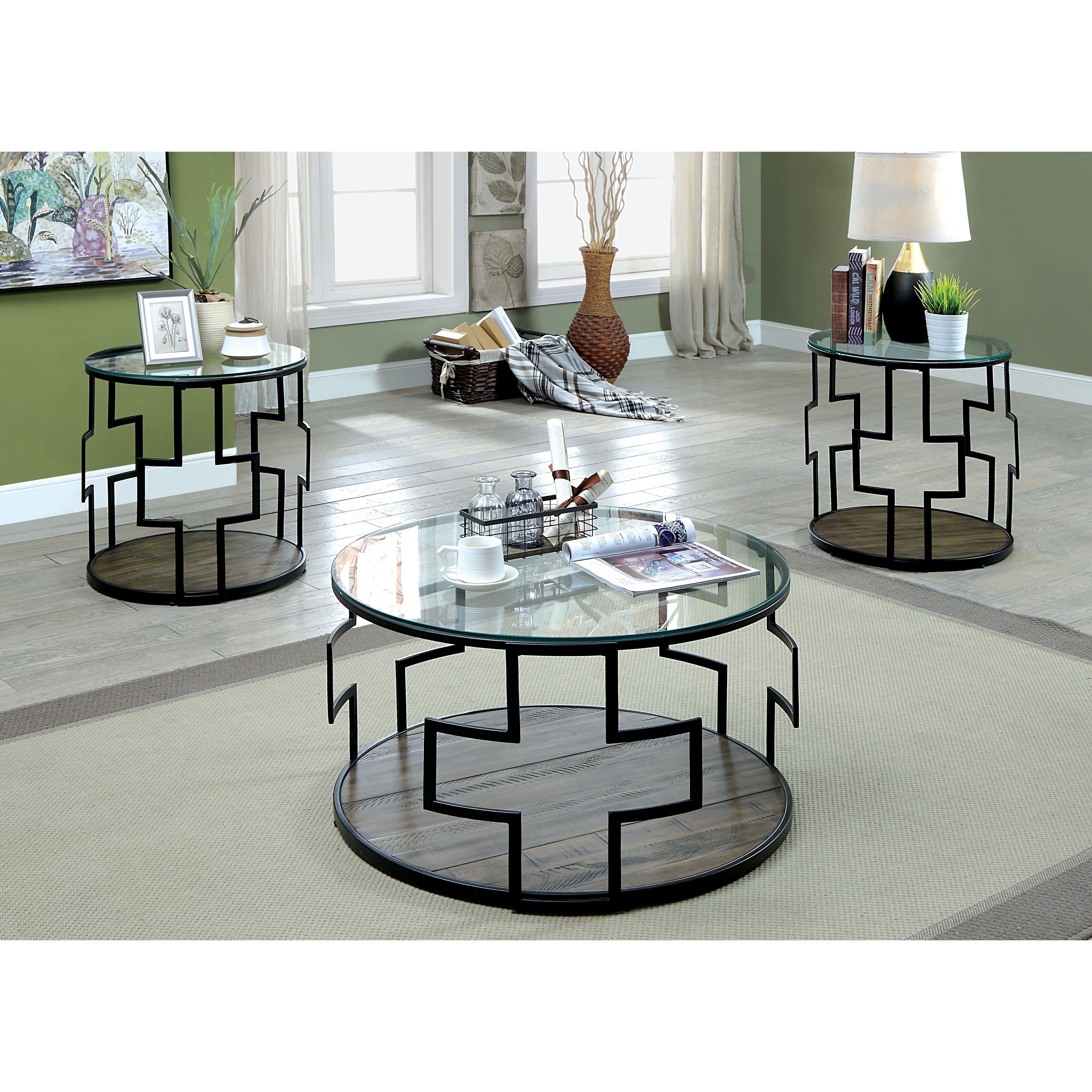 Furniture of America Goya 3piece Boho Rustic Glass Coffee Table Set