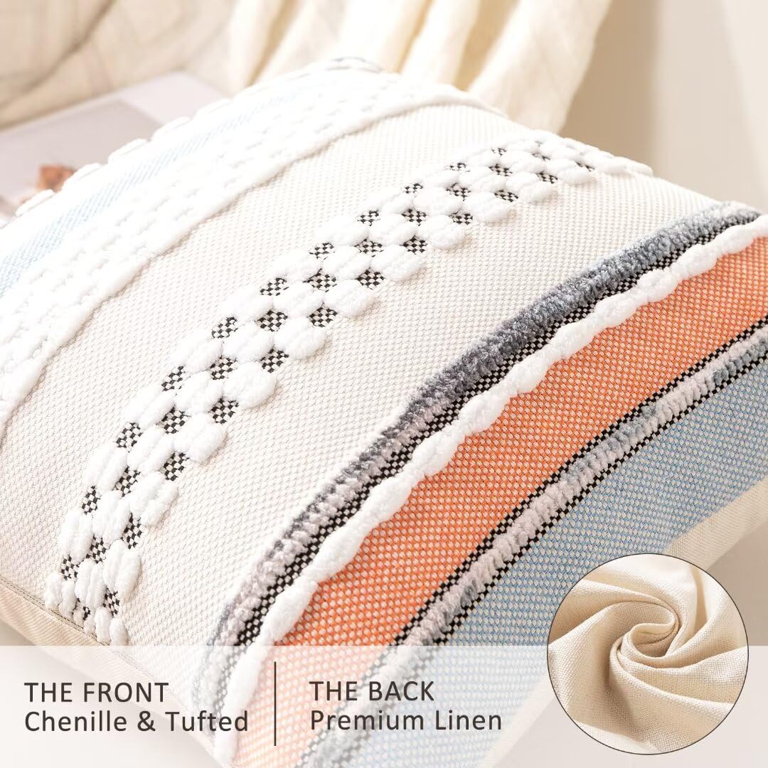 Boho Throw Pillow Covers 18x18 Set of 2 Farmhouse Decorative Cushion Case Striped Square Pillows Cover Chenille Pillow Cases Accent Neutral Pillowcase for Sofa Couch Bed