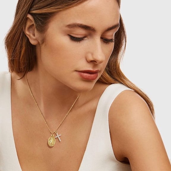 YMCSTONEMA Gold Cross Necklace For Women - 14K Gold Plated Virgin Mary Pendant Necklaces,Hypoallergenic Non Tarnish Golden Cubic Zirconia Catholic Virgen De Guadalupe Jewelry,Religious Faith [eo7961]