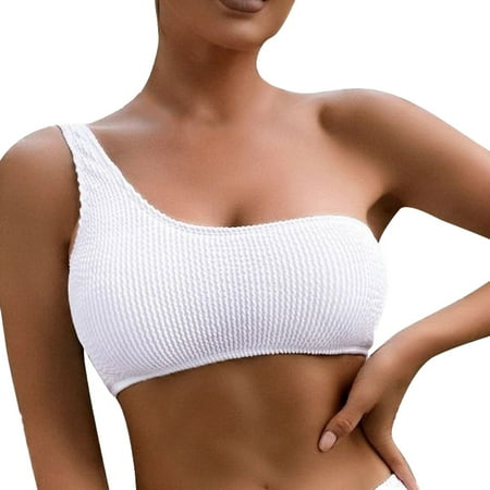 Women s One Shoulder Ribbed Bikini Top - Padded Bandeau Swimsuit for Summer Beach White M