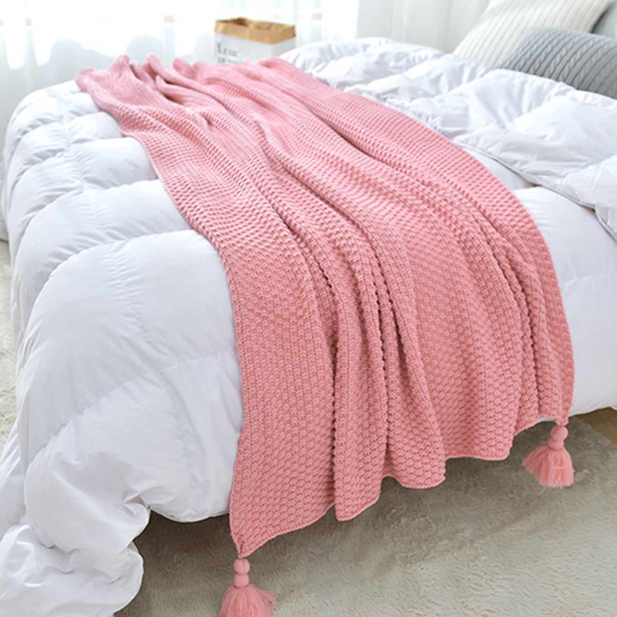 50x60 Inches Pink Knitted Woven Blanket for Ladies Texture Blanket for Sofa Bed Sofa Travel Men and Children Fringed Decorative Blanket NC Knitted Blanket