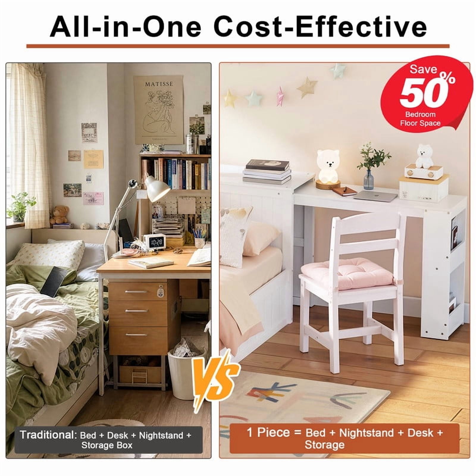 Twin Size Platform Bed with Pull-Out Hidden Desk, Wood Storage Bed Frame with Headboard Shelving & Footboard Drawer