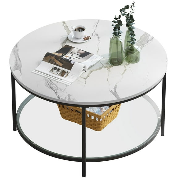 CRXX Faux Marble Round Coffee Table Cocktail Table with Glass Open Storage Shelf
