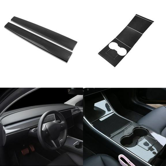 Xotic Tech Car Interior Center Console Dashboard Panel   Center Console Wrap Water Cup Holder Cover Trim Accessories Combo Pkg, Carbon Fiber Pattern, Compatible with Tesla Model 3 Model Y 2017-2020