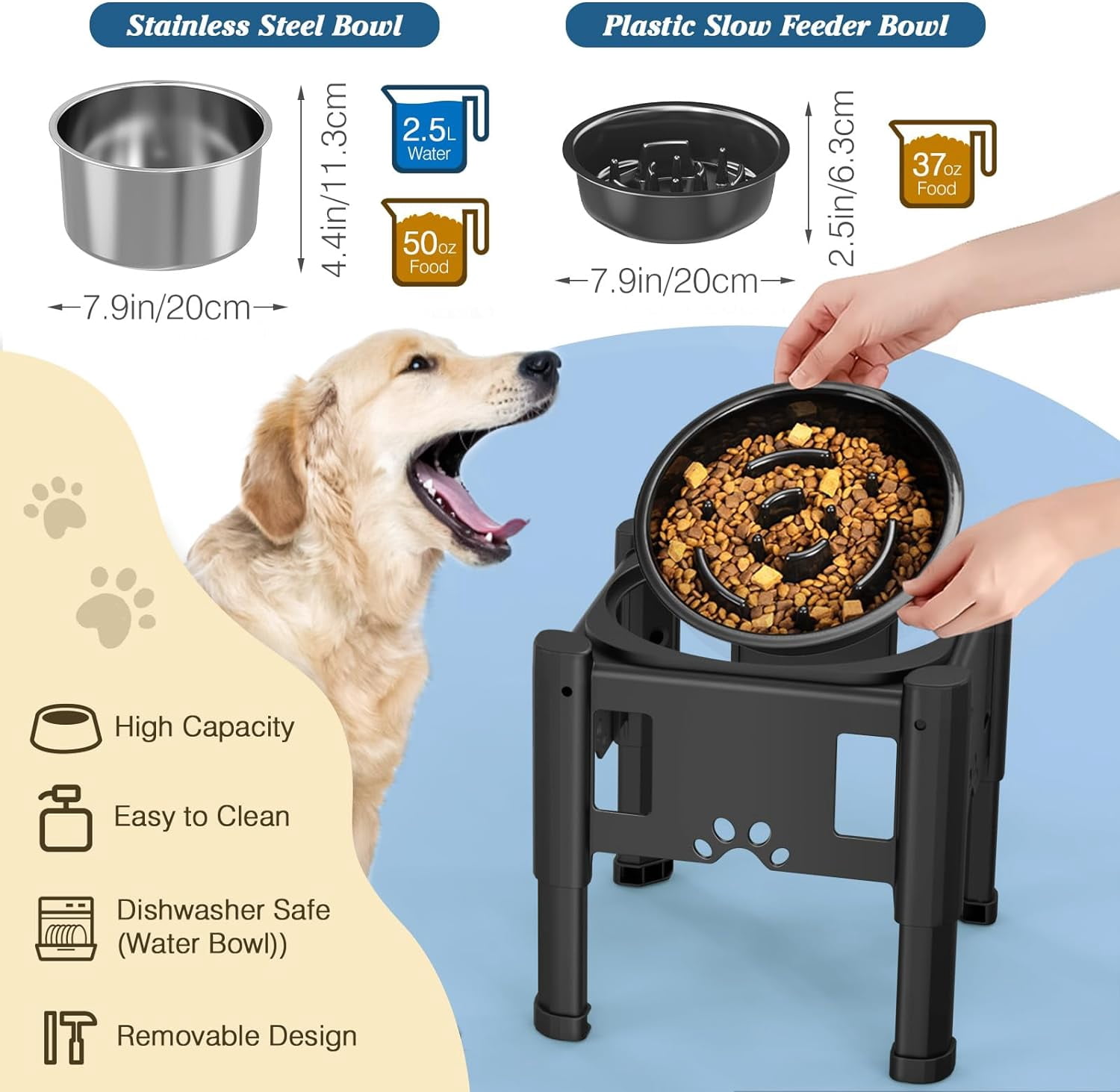 Lewondr Dog Water Bowl, 80OZ Large Capacity Raised Water Bowl for Dogs with Dog Slow Feeder Bowl, No Spill Water Bowl for Dogs 3 Heights Adjustable Elevated Dog Bowl Stand for Small Medium Large Dogs