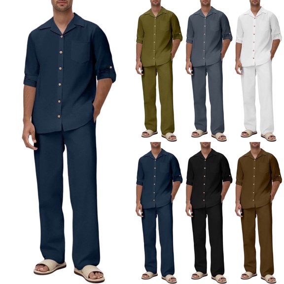 RYDCOT Mens 2 Piece Set Lapel Long Sleeve Button Down Shirts and Matching Loose Pants Suits White