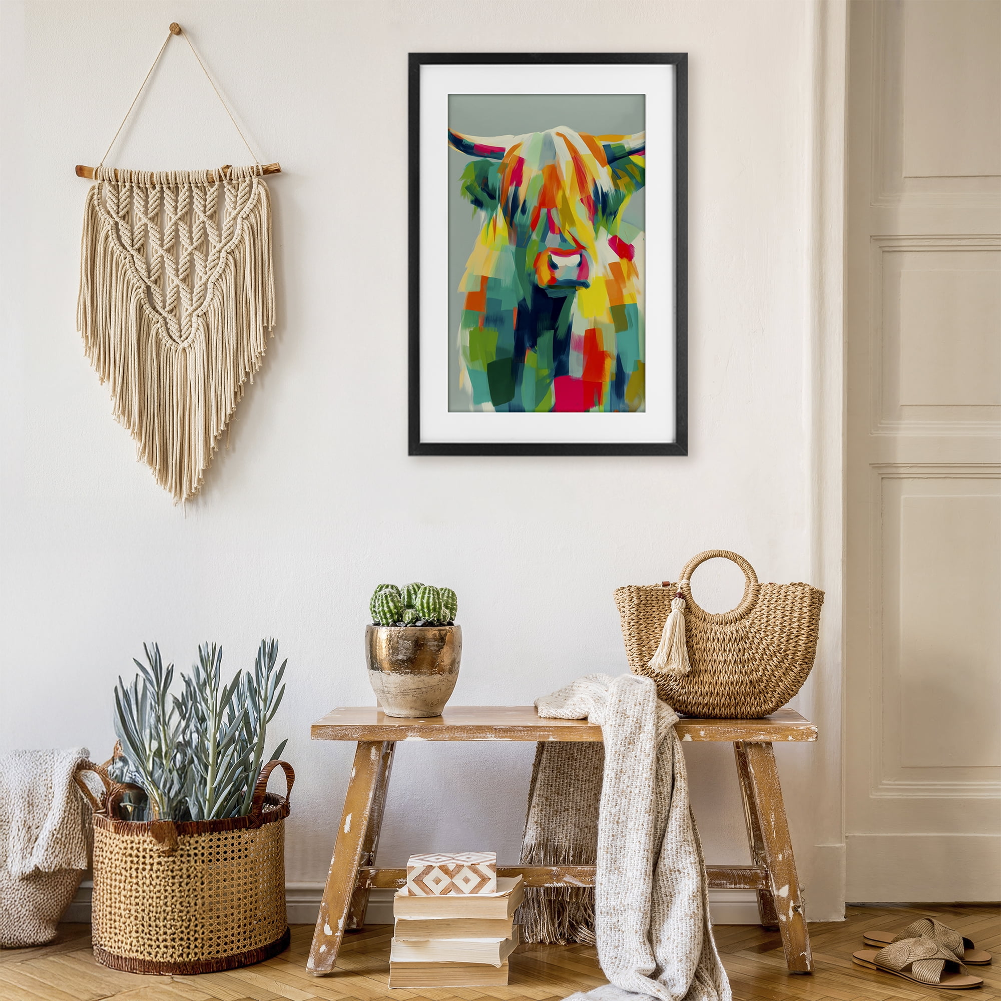 Stupell Industries Highland Cow Abstract Patchwork Black Framed Print Under Glass, design by Chromatic Storm Studio