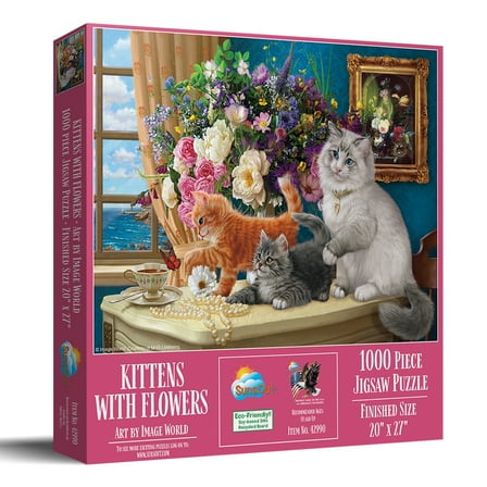 SUNSOUT INC - Kittens with flowers - 1000 pc Jigsaw Puzzle by Artist: Image World - Finished Size 20" x 27" - MPN# 42990