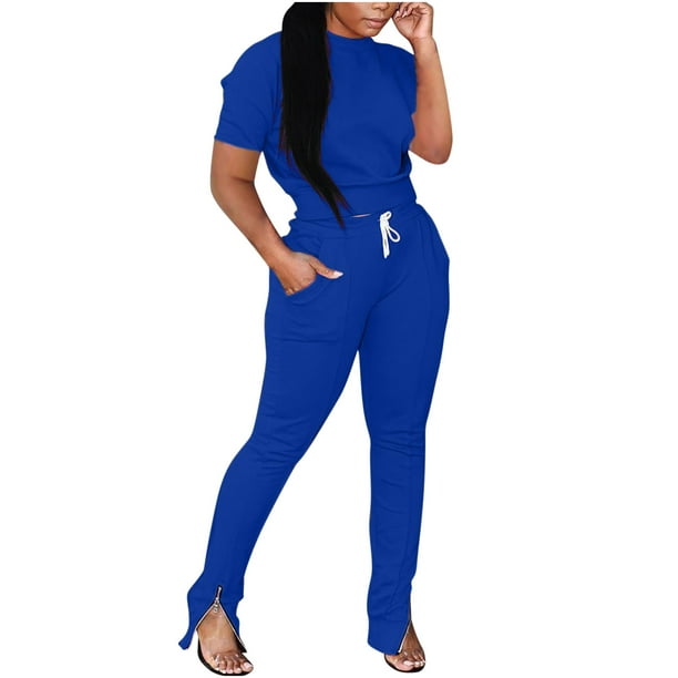 Dos piezas deportivas elásticas sueltas de manga corta con cuello redondo sexy de color sólido para mujer Pompotops qwe22759