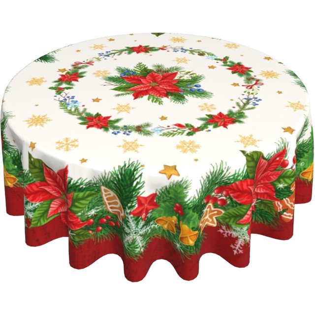 Christmas Tablecloth 60 Inch, Winter Poinsettia Floral Round Table Cloth, Xmas Snowflake Holly Berry Table Cover for Kitchen Dining Decor, Waterproof Reusable Tablecloths for Holiday Party