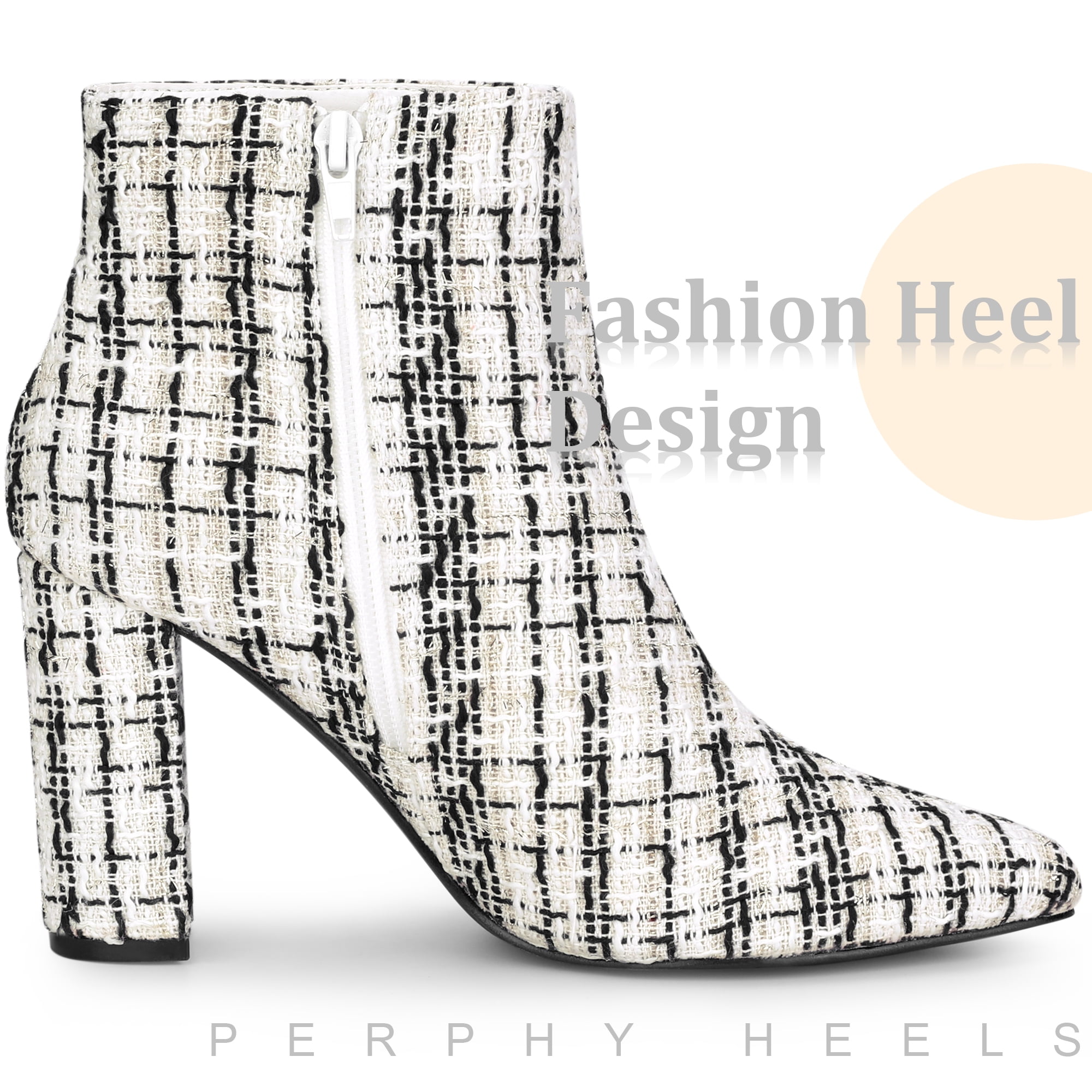 DARING DIVA Tweed Ankle Boot Pointy Toe Chunky Heel Plaid Boots White 8