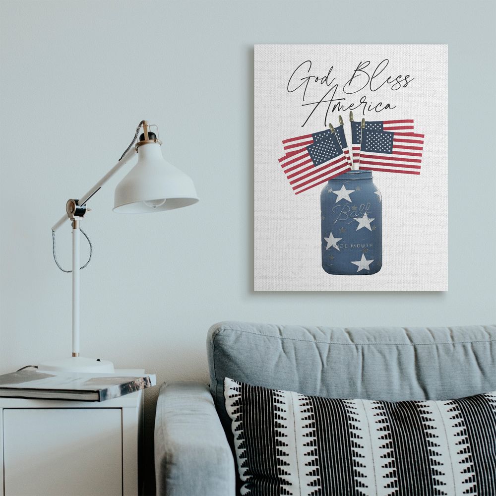 Stupell Industries Patriotic God Bless America Country Quote Jar Flags Canvas Wall Art Design by Lettered and Lined, 30" x 40"