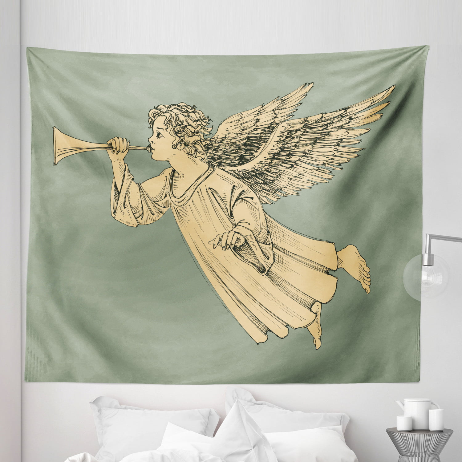 Vintage Unique Decorative Romantic Angel w/trumpet in pastels wallhanging