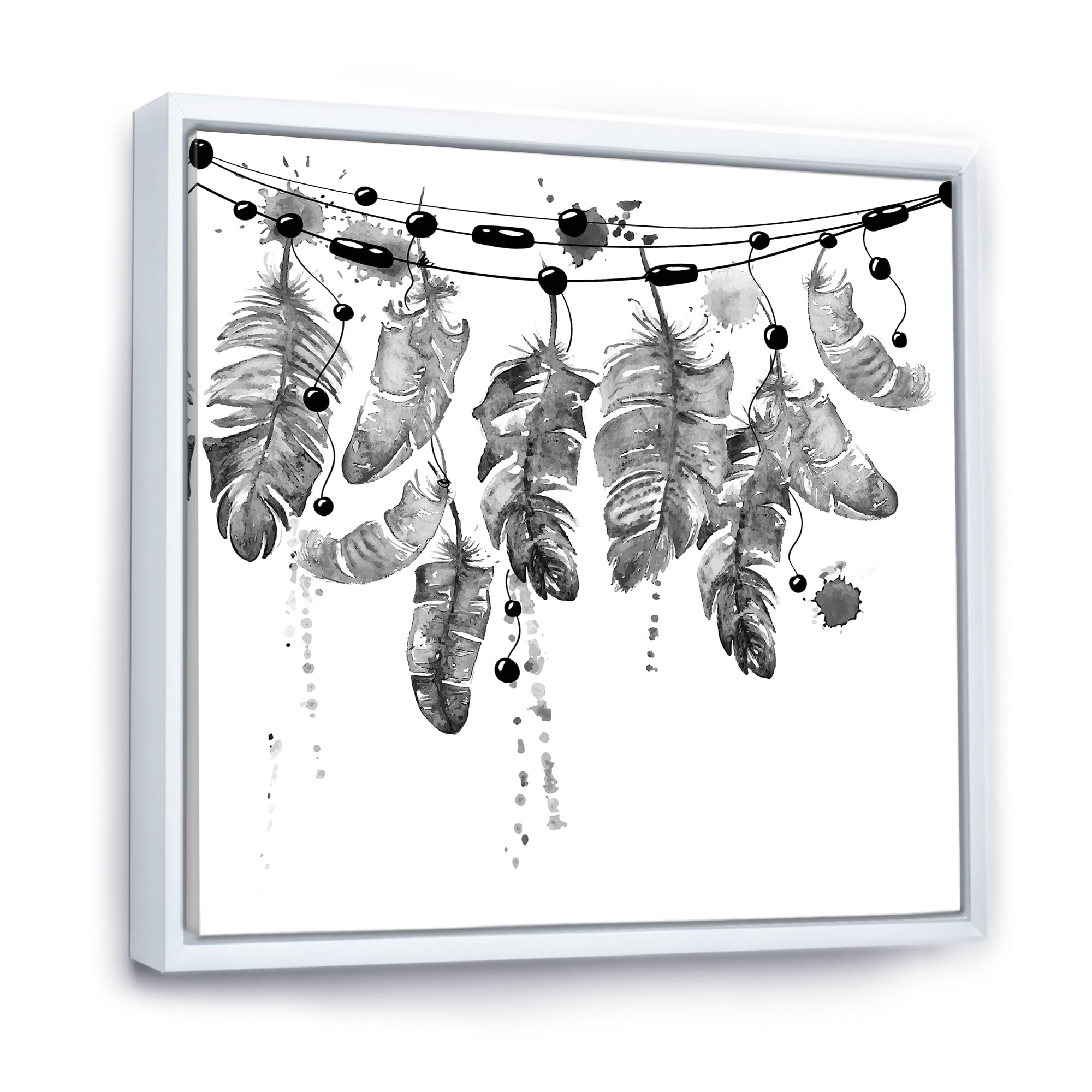 Designart 'Hanging Monochrome Bird Feathers' Bohemian & Eclectic Framed Canvas Wall Art Print