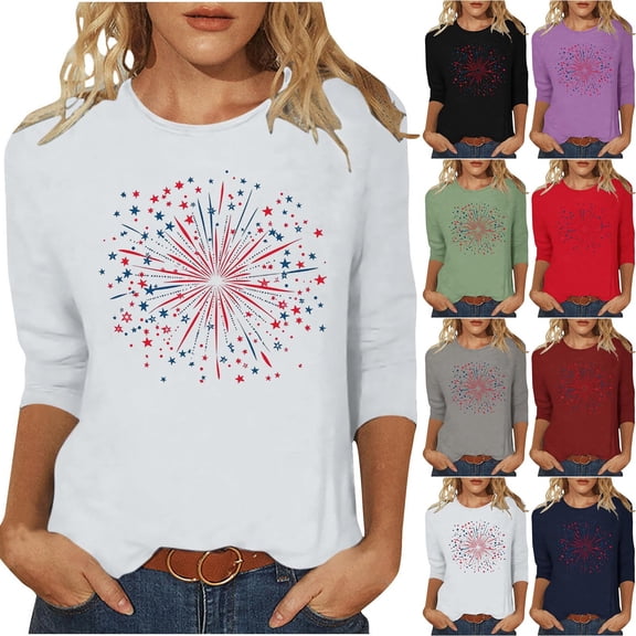 lcziwo Womens 3/4 Sleeve Tops Cotton Celebration Casual Blouse Plus Size Patriotic 250th American Flag Print Summer Tee Navy XXXL