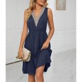 thumbnail image 2 of Vestido de cintura sin mangas con bolsillos y cuello en V para mujer, vestido de costura de encaje para primavera y verano, 2 of 6