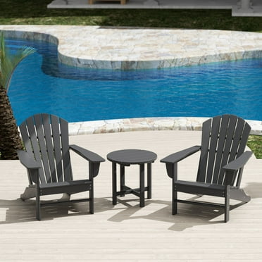 WestinTrends Dylan Adirondack Chairs Set of 2 with Side Table, All Weather Poly Lumber Outdoor Seating Patio Conversation Bistro Set, Seashell Curved Slat Backrest, Gray