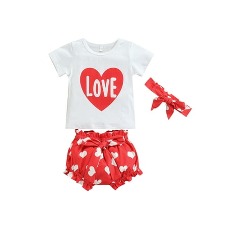

Suanret Valentine s Day Toddler Baby Girls Short Sleeve Letter Print T-Shirt+Heart Print Short+Headband Set White 6-12 Months