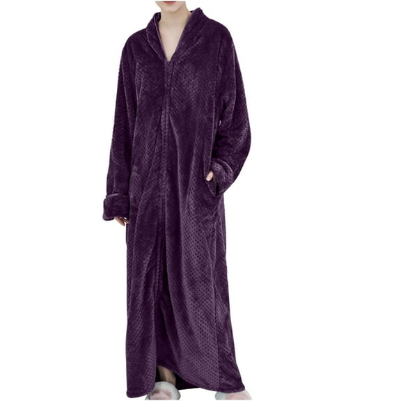 TMOYZQ Women's Oversized Fleece Bathrobe Zip Up Full-Length Soft Plush Robes Winter Warm Thick Housecoat Nightgown Soft Comfy Long Nighties Sleepwear Homewear with Pockets