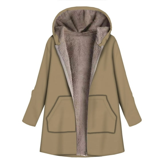 Hfyihgf Womens Fleece Zip Up Jacket Oversized Winter Hooded Coats Long Sleeve Outwear with Pockets Khaki XXL