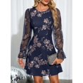 thumbnail image 6 of Navy Blue Womens Floral Embroidered Short Dress With Sheer Long Sleeves And Round Neck, 6 of 7