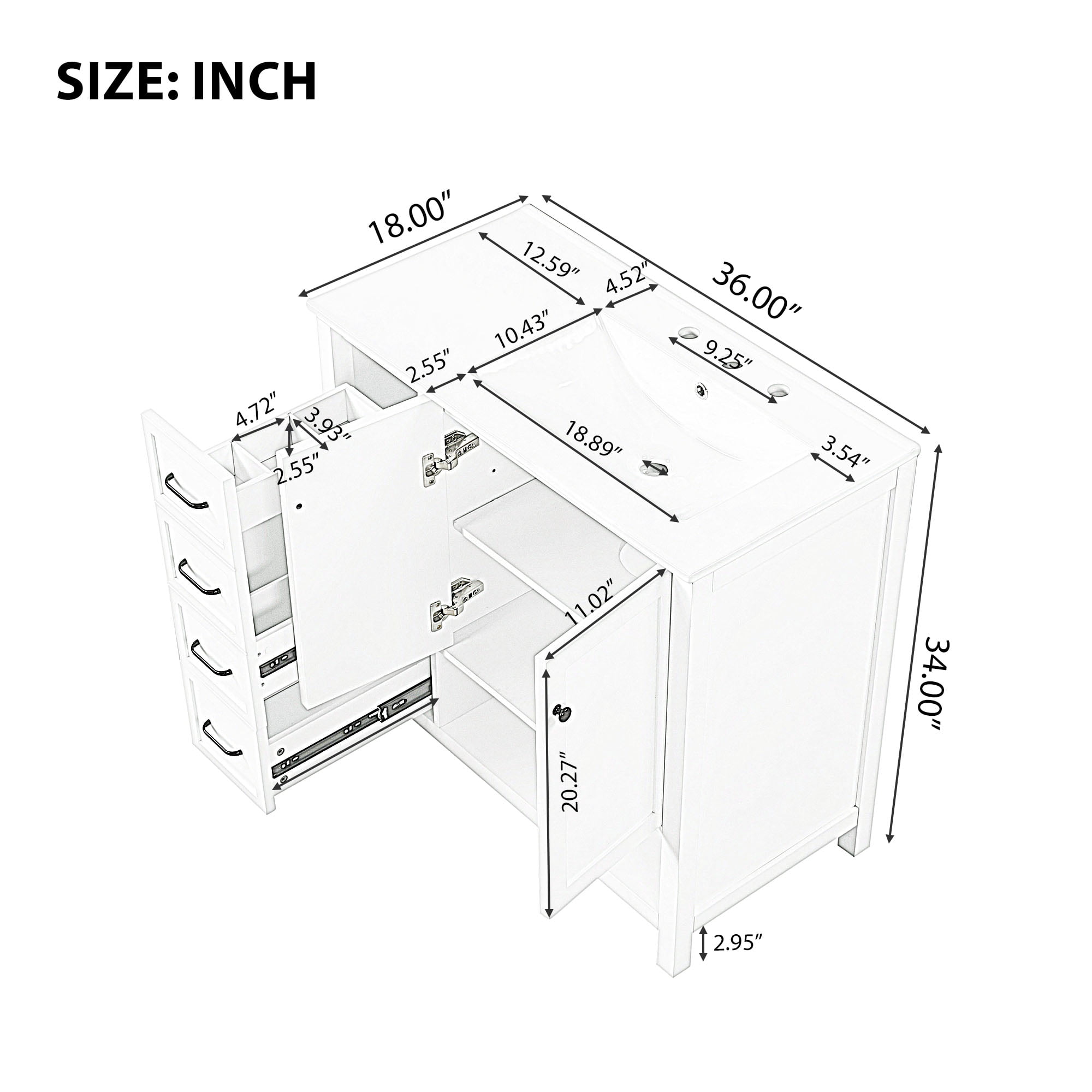 Euroco Modern Bathroom Vanity Cabinet with Right-Side Ceramic Sink, 2 Drawers & 2-Door Storage, Solid Wood & MDF, 8" Faucet Compatible
