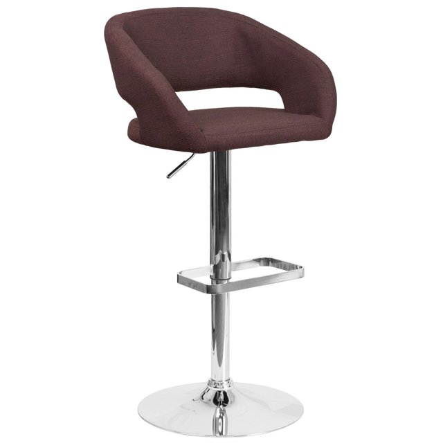 Contemporary Brown Fabric Adjustable Height Barstool with Rounded Mid-Back and Chrome Base