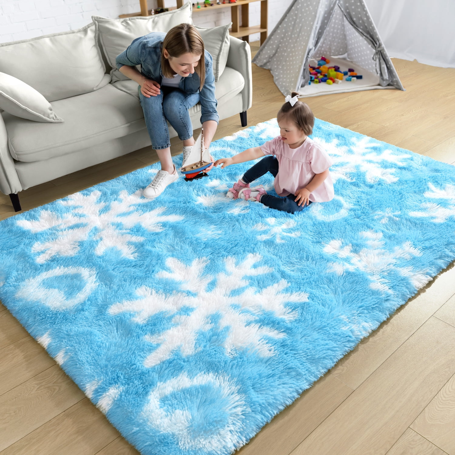 KIXINWA Frozen Princess Rugs for Living Room, 4x6 Feet Fluffy Shaggy Snowflake Rug for Girls BedRoom, Plush Fuzzy Super Soft Carpet for Kids Room Home Decor, Upgraded Non Slip Bottom, Blue Frozen Rug