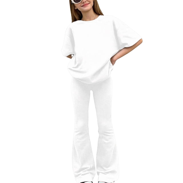 Conjuntos de blusas y camisas de cuello redondo y manga corta para niños, camisetas de manga corta de color liso y pantalones largos, conjunto de dos piezas para niñas, top de poliéster