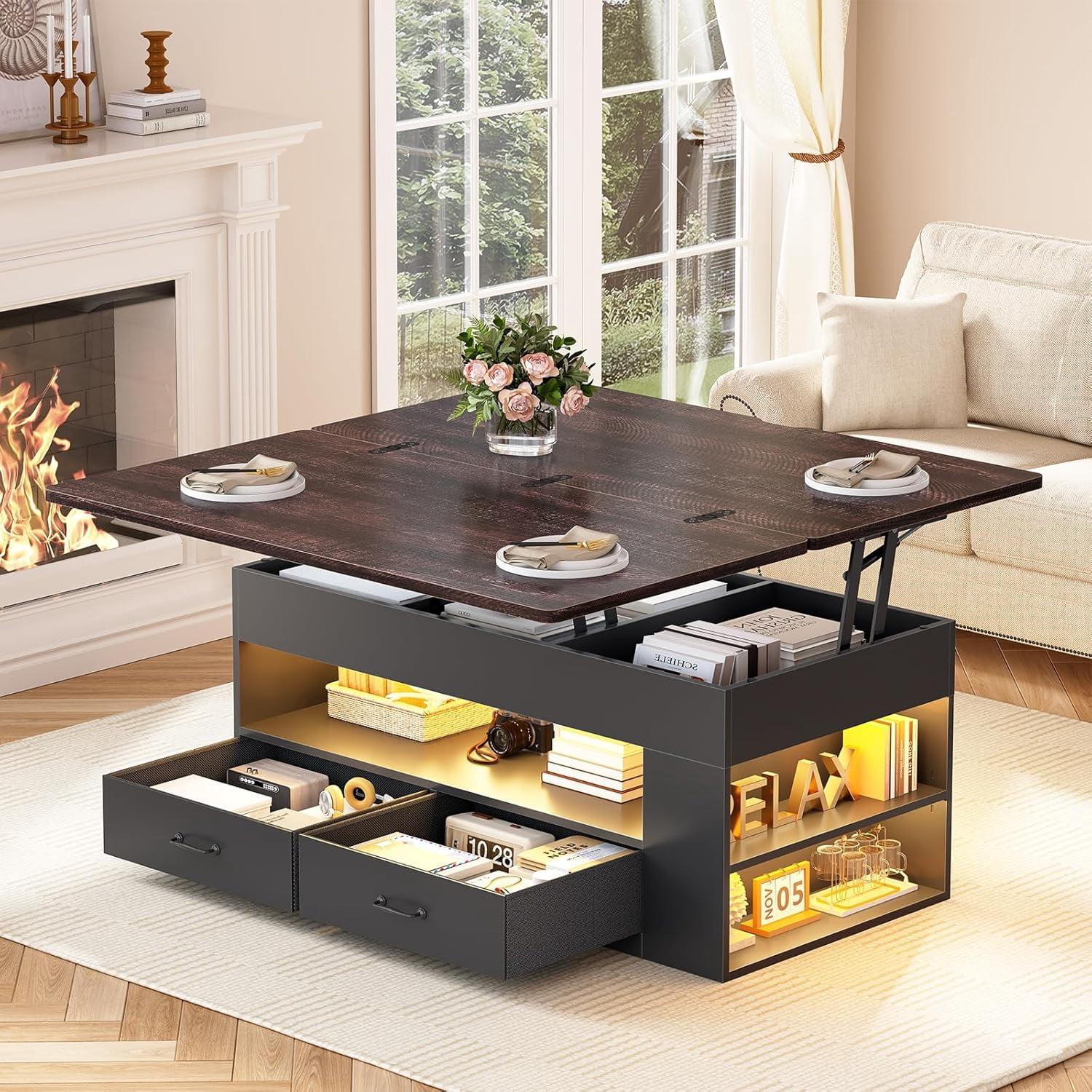 40" Farmhouse Lift Top Coffee Table, 4 in 1 Multifunction Lift Coffee Tables with 2 Drawers, Open Shelves and Hidden Compartment, Center Table with Wooden Tabletop for Living Room, Black & Brown Top