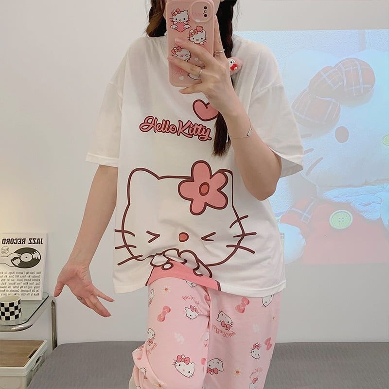 2023 Sanrio Hello Kitty New Pajamas Set Women Summer Short Sleeve Top  Shirts Sorts 2 Piece Home Suit Y2k Cute Clothes Thin Sleepwear