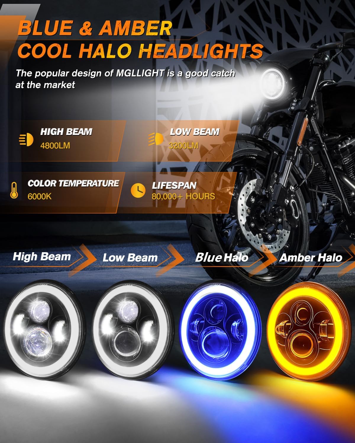 CO LIGHT 1PC DOT 7 Inch LED Headlight Motorcycle Blue Halo High/Low Beam, Motorcycle LED Headlight Projector Angel Eyes Light JK LJ CJ Headlamp Replacement